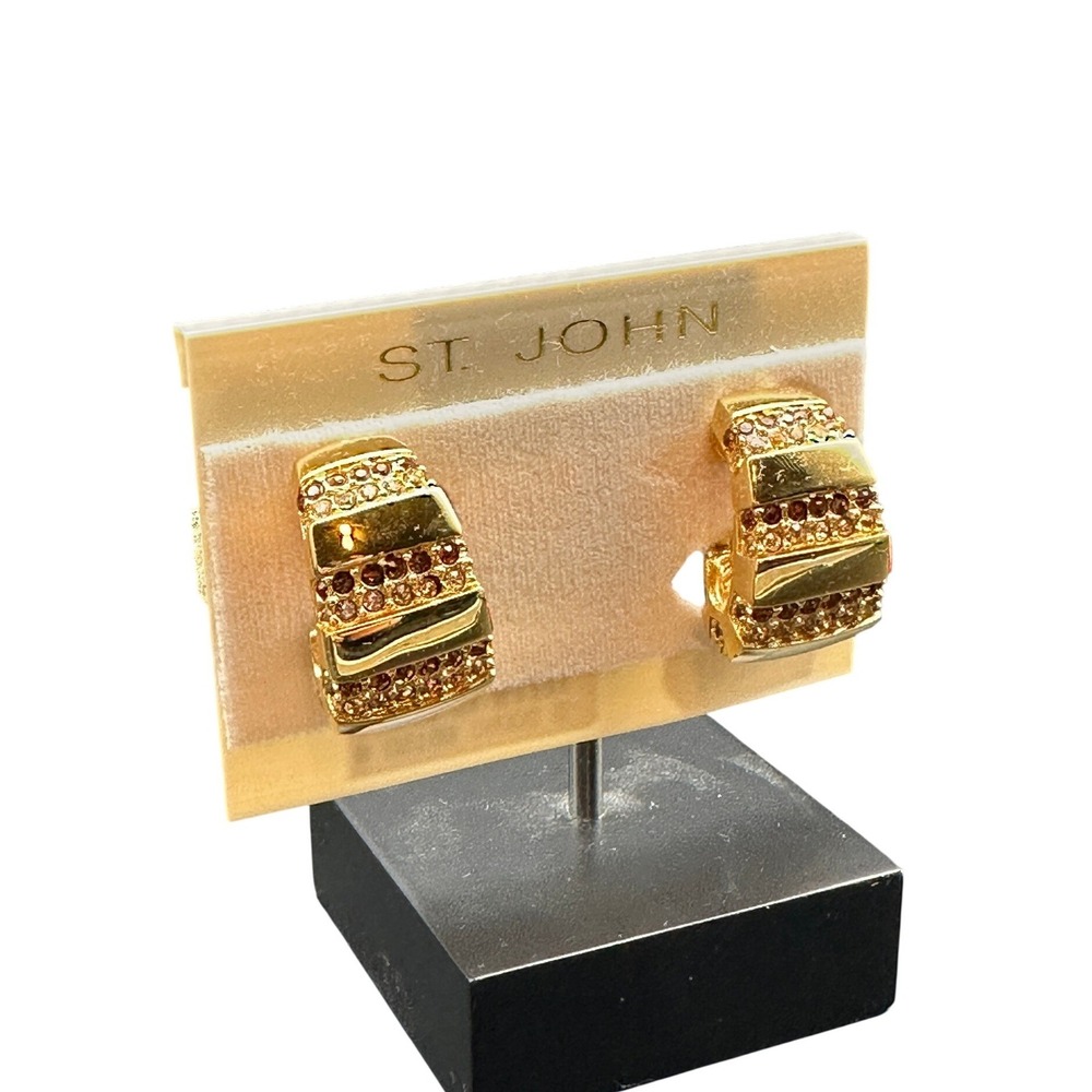 Vintage St John Gold Tone Amber Rhinestone Crystal Clip On Half Hoop Earrings KC